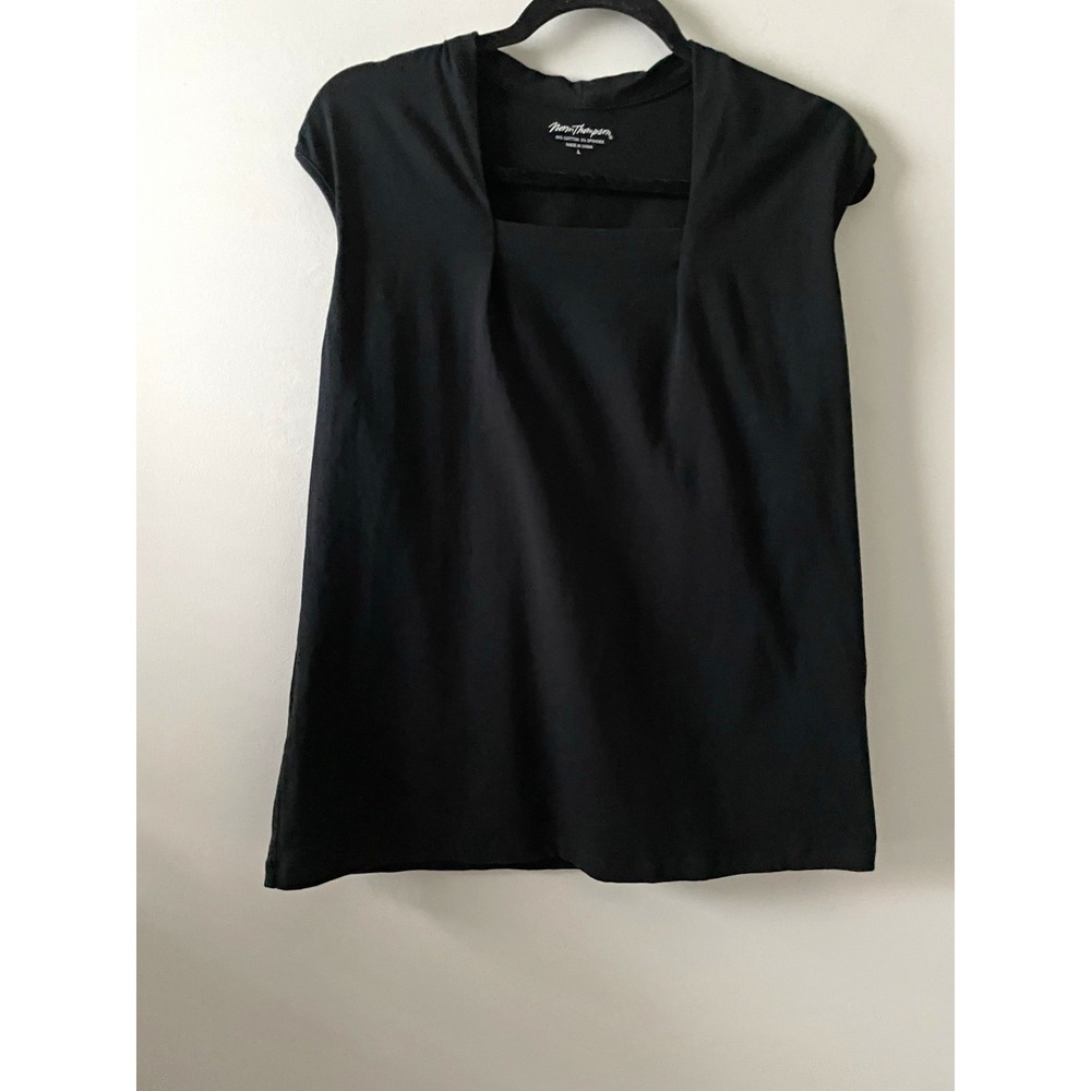 Norm Thompson L Black Scoop Neck Cap Sleeve Cotton Stretch Top Minimalist